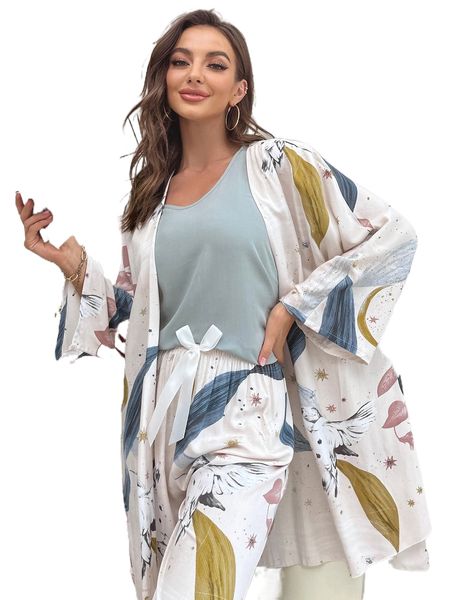 3pcs bird & plant print tie front pj set r4yn#, Black;red
3pcs bird & plant print tie front pj set r4yn#, Black;red