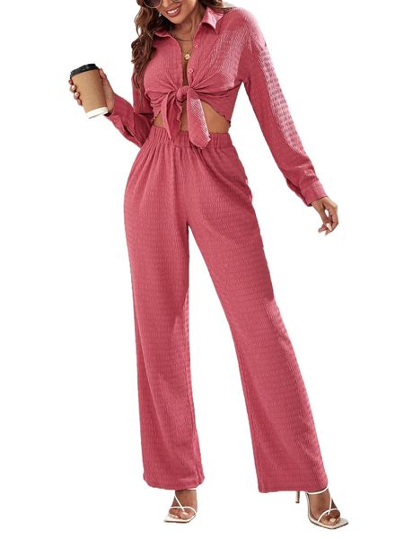 textured tie front shirt & pants l0sq#, White 
textured tie front shirt & pants l0sq#, White