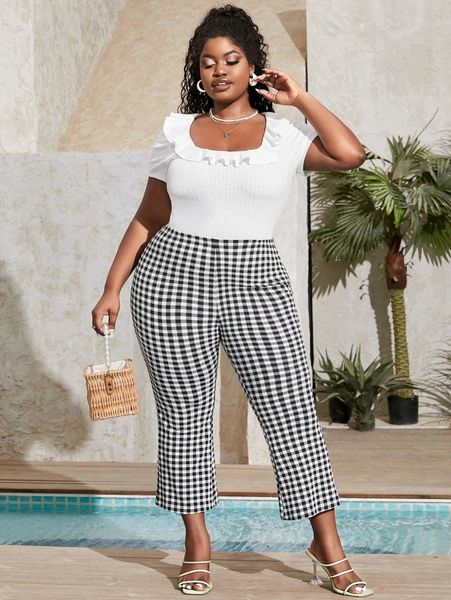 sxy plus gingham flare leg pants u1ps#, Black