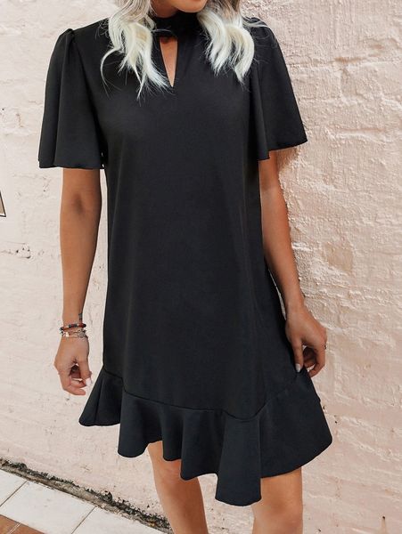 keyhole neckline butterfly sleeve ruffle hem dress s9i2#, Black;gray 
keyhole neckline butterfly sleeve ruffle hem dress s9i2#, Black;gray