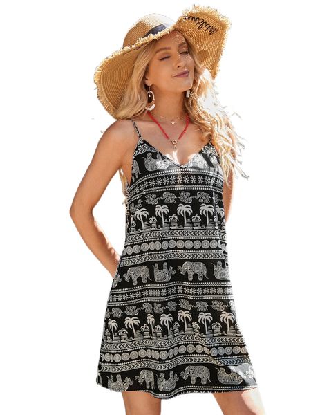 double v-neck tropical and elephant print cami dress p29h#, Black;gray
double v-neck tropical and elephant print cami dress p29h#, Black;gray