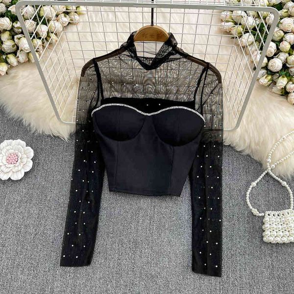 women's blouses shirts celebrity temperament stand collar mesh nail and bead stitching slim shirt women's foreign style chic short, White
women's blouses shirts celebrity temperament stand collar mesh nail and bead stitching slim shirt women's foreign style chic short, White