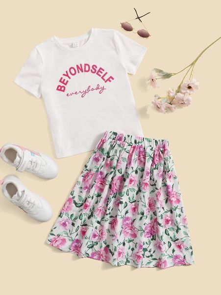 girls letter graphic tee & floral print flare skirt she, White