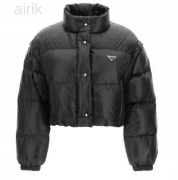 women short puffer down jacket nylon metal triangle designer downs parkas lady stand-up collar winter padding outwear detachable sleeves, Black
women short puffer down jacket nylon metal triangle designer downs parkas lady stand-up collar winter padding outwear detachable sleeves, Black