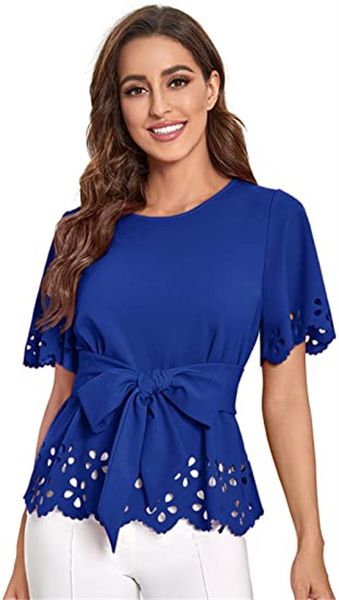 & tees women's bow tie self laced fan cut short sleeved elegant office work belted shirt top, White
& tees women's bow tie self laced fan cut short sleeved elegant office work belted shirt top, White