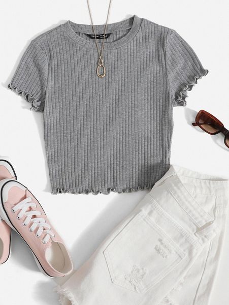 solid lettuce trim rib-knit tee c1js#, White 
solid lettuce trim rib-knit tee c1js#, White