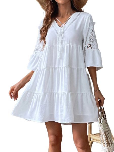 contrast guipure lace flounce sleeve tie neck ruffle hem smock dress 72vw#, Black;gray
contrast guipure lace flounce sleeve tie neck ruffle hem smock dress 72vw#, Black;gray