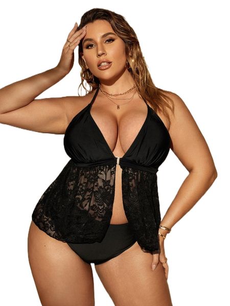 plus floral lace ruched tankini n1nc#, White;black
plus floral lace ruched tankini n1nc#, White;black