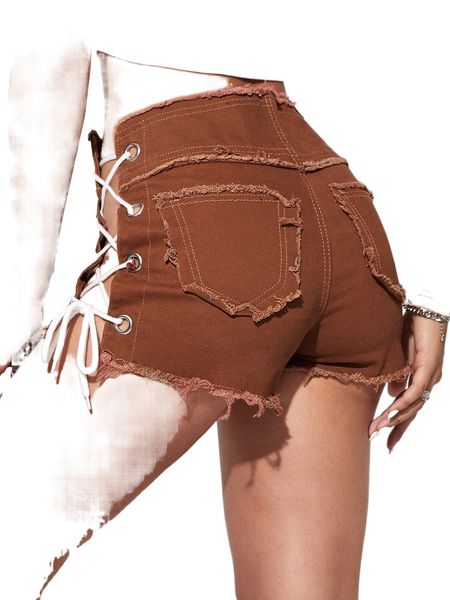 lace up side raw hem denim shorts 87iu#, White;black
