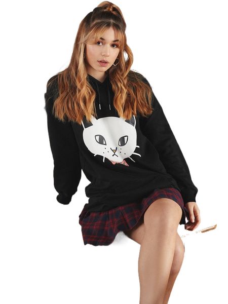 x noko cat print drawstring pouch pocket hooded sweatshirt dress 26va#, Black 
x noko cat print drawstring pouch pocket hooded sweatshirt dress 26va#, Black