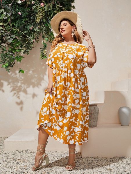 plus allover floral print button front dress s3hi#, Black
plus allover floral print button front dress s3hi#, Black