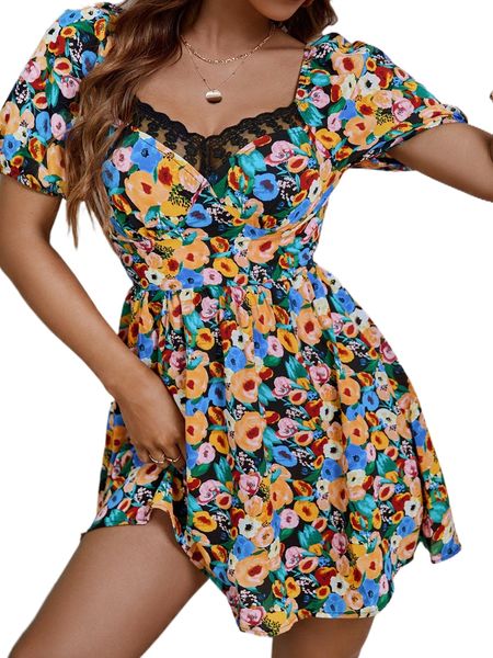 allover floral print puff sleeve contrast embroidered mesh sweetheart neck dress q3bh#, Black;gray
allover floral print puff sleeve contrast embroidered mesh sweetheart neck dress q3bh#, Black;gray