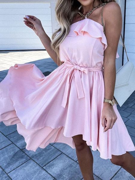 chic chain hanging neck irregular halter dress women elegant ruffle tied mid dress summer fashion pleat solid party beach dress, Black;gray
chic chain hanging neck irregular halter dress women elegant ruffle tied mid dress summer fashion pleat solid party beach dress, Black;gray