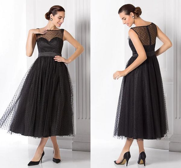 a-line vintage black evening dress 2022 illusion neck sleeveless tea length dot tulle prom party gown robe de soiree vestido de festa longo, Black;red 
a-line vintage black evening dress 2022 illusion neck sleeveless tea length dot tulle prom party gown robe de soiree vestido de festa longo, Black;red