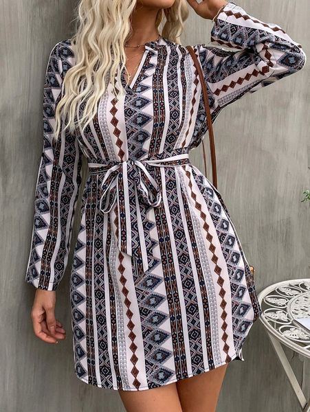 geo print notched neck belted dress 91ia#, Black;gray