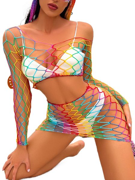 rainbow striped asymmetrical neck mesh lingerie set without liner m9pj#, Black;red
rainbow striped asymmetrical neck mesh lingerie set without liner m9pj#, Black;red