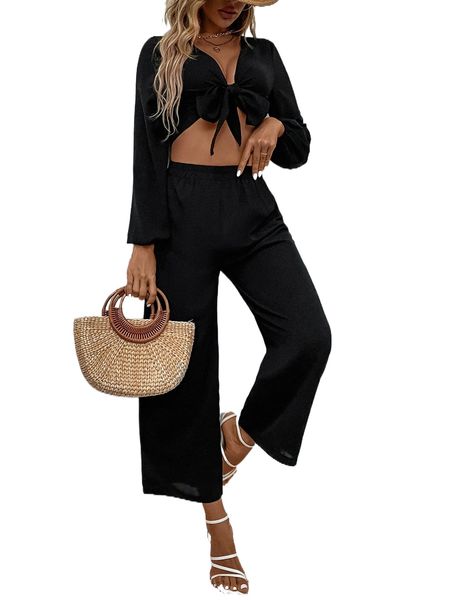 solid tie front crop & wide leg pants q7j1#, White