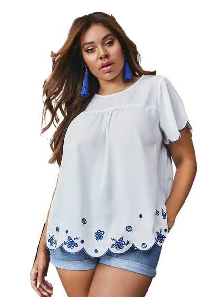 plus floral embroidery scallop trim blouse x8rd#, Black
