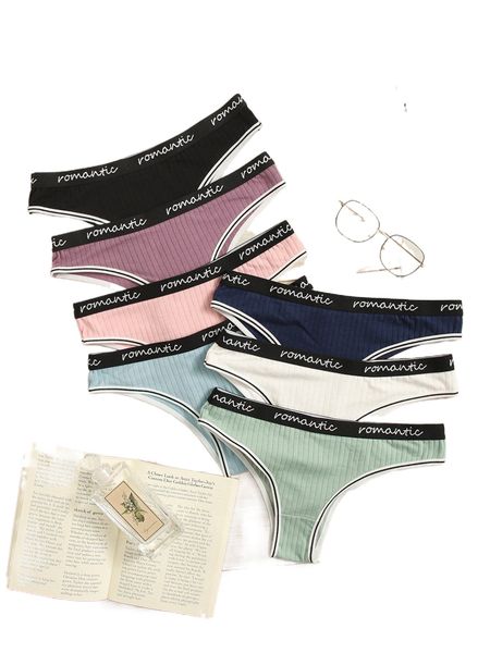 7pack letter tape knitted panty l1j8#, Black;red