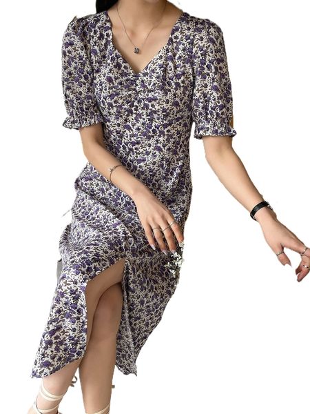 dazy allover floral print sweetheart neck slit hem dress z0mt#, Black;gray