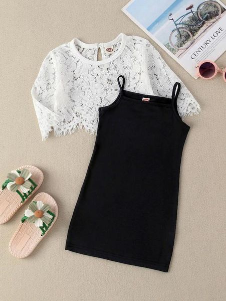 toddler girls solid lace & cami dress she, White