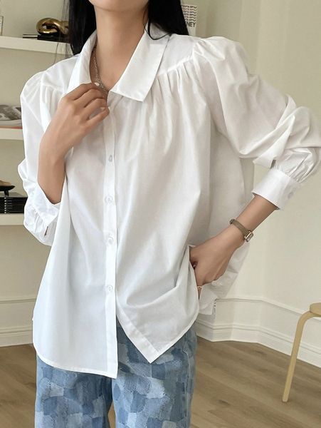 dazy button through puff sleeve blouse 462t#, White