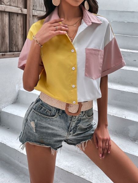 color block patched pocket drop shoulder blouse 7052#, White 
color block patched pocket drop shoulder blouse 7052#, White
