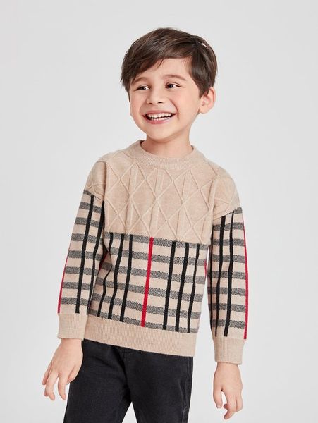 toddler boys plaid pattern drop shoulder sweater she01, Blue