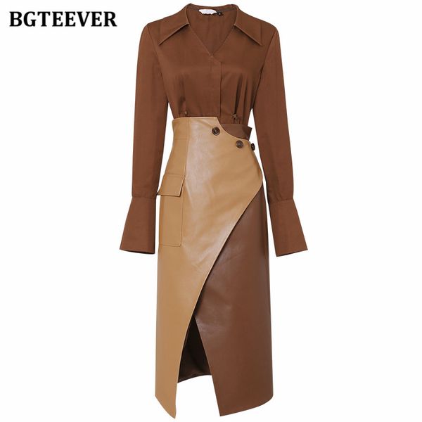 spring 2 pieces skirt set for women long sleeve slim shirts blouses & high waist patchwork pu leather skirts 2022, White
spring 2 pieces skirt set for women long sleeve slim shirts blouses & high waist patchwork pu leather skirts 2022, White