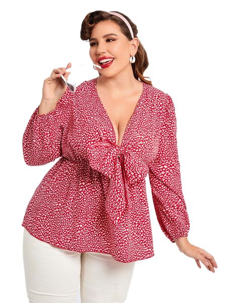 plus allover print tie front blouse 38xp#, Black 
plus allover print tie front blouse 38xp#, Black
