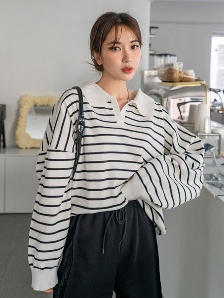 dazy stripe pattern drop shoulder sweater 07lo#, White;black
dazy stripe pattern drop shoulder sweater 07lo#, White;black
