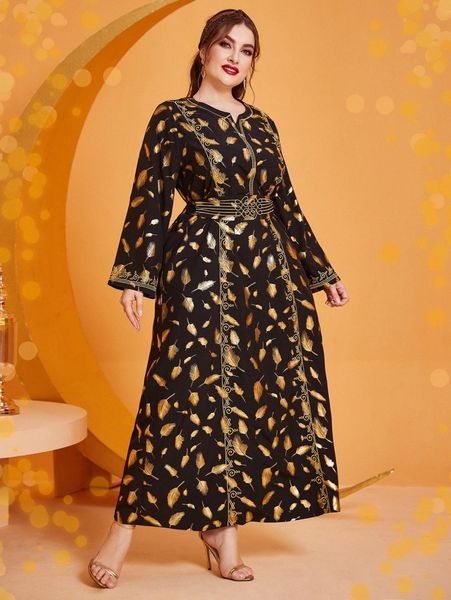 plus gold feather print scroll embroidery notched neck belted dress 34vv#, Black
plus gold feather print scroll embroidery notched neck belted dress 34vv#, Black