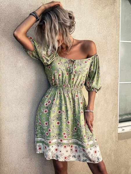 floral print square neck puff sleeve a-line dress a4t4#, Black;gray 
floral print square neck puff sleeve a-line dress a4t4#, Black;gray