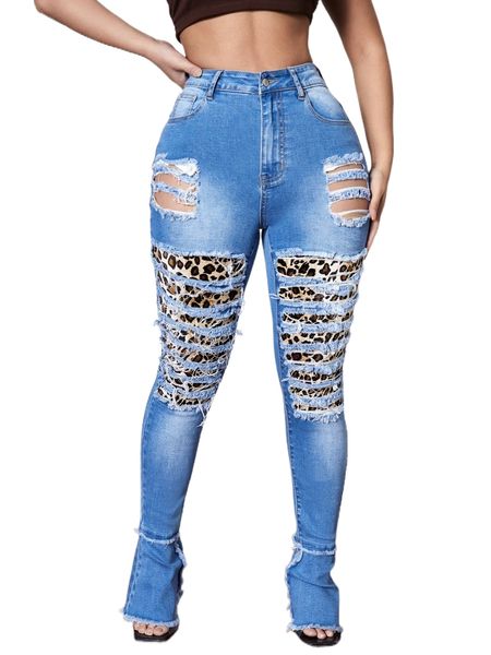 sxy ripped leopard bootcut jeans w1ng#, Blue 
sxy ripped leopard bootcut jeans w1ng#, Blue