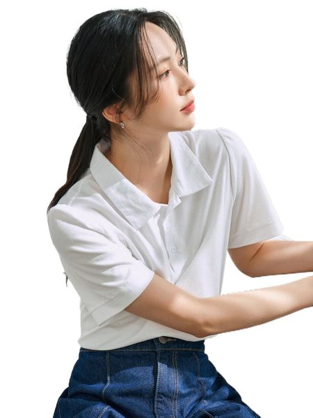 dazy-less polo neck solid tee q2rw#, White 
dazy-less polo neck solid tee q2rw#, White