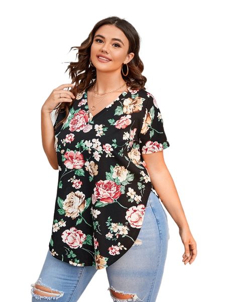 plus floral print v neck asymmetrical hem tee e9ly#, Black
plus floral print v neck asymmetrical hem tee e9ly#, Black