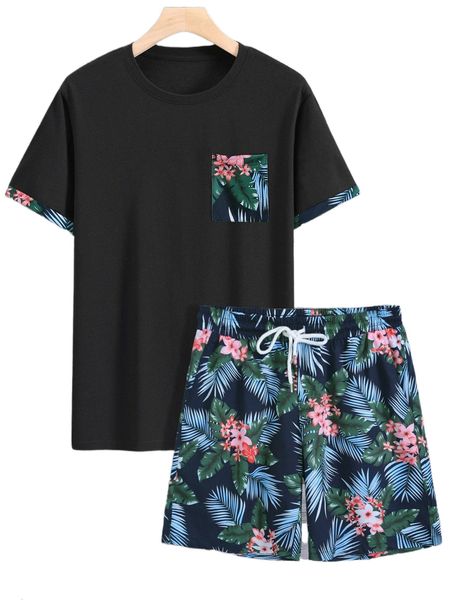 men tropical print pocket patched tee with drawstring waist shorts 40qg#, Gray
men tropical print pocket patched tee with drawstring waist shorts 40qg#, Gray