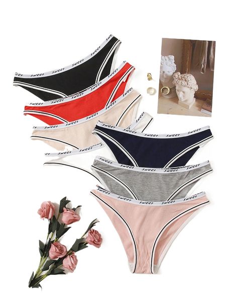 7pack letter tape rib panty i6ie#, Black;red