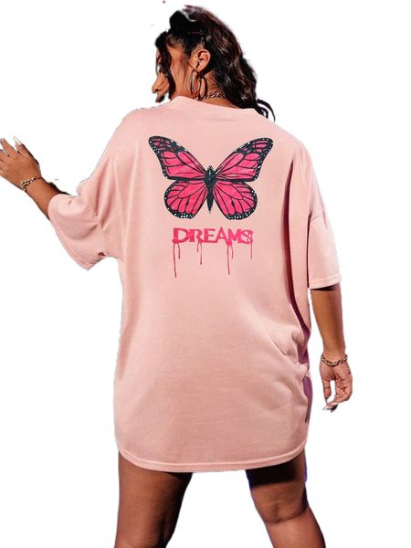 plus butterfly & letter graphic drop shoulder oversized tee s2gl#, Black 
plus butterfly & letter graphic drop shoulder oversized tee s2gl#, Black