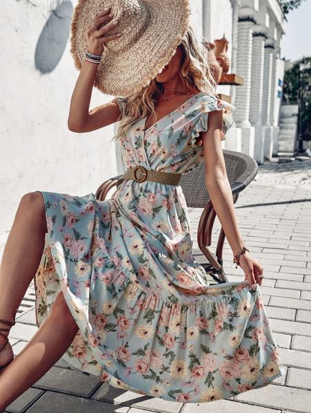 allover floral print overlap collar ruffle sleeve dress without belt b6tl#, Black;gray
allover floral print overlap collar ruffle sleeve dress without belt b6tl#, Black;gray