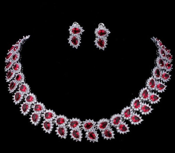 18k gold plated zircon leaf red rhinestone necklace chain earring set, Silver
18k gold plated zircon leaf red rhinestone necklace chain earring set, Silver