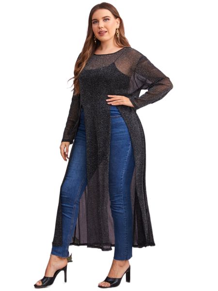 plus slit hem glitter mesh sheer without camisole 49bw#, Black 
plus slit hem glitter mesh sheer without camisole 49bw#, Black