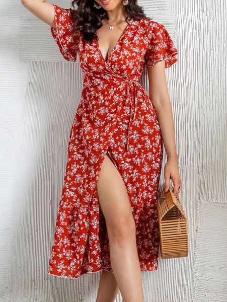 ditsy floral print belted ruffle hem wrap dress d7ee#, Black;gray 
ditsy floral print belted ruffle hem wrap dress d7ee#, Black;gray