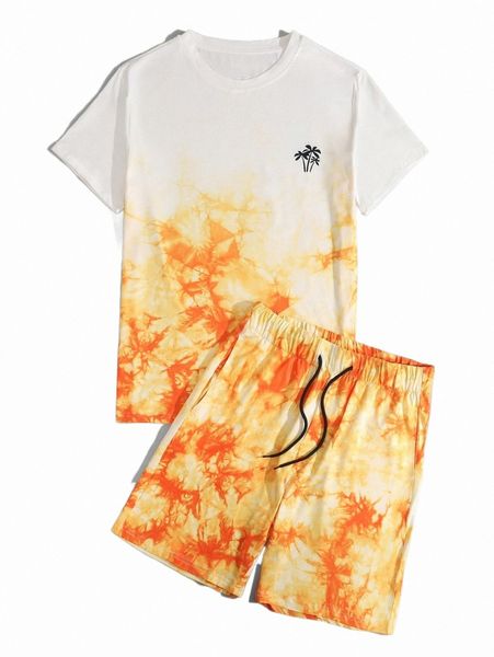 men random tie dye & plant print tee & drawstring waist shorts 14qn#, Gray
men random tie dye & plant print tee & drawstring waist shorts 14qn#, Gray