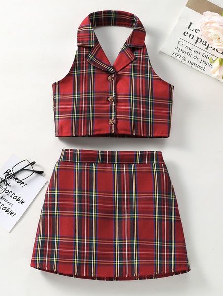 toddler girls tartan single breasted halter & skirt she, White