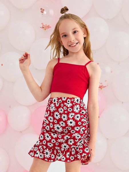 girls ribbed knit crop cami & floral print ruffle hem skirt she, White