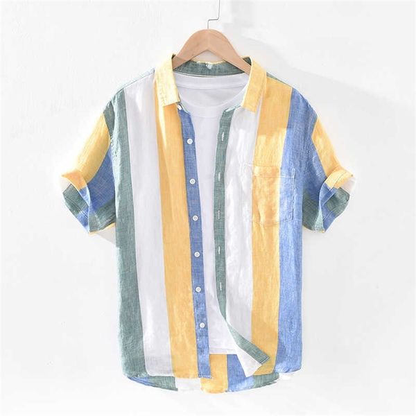 1709 men summer fashion japan style bright color striped short sleeve single breasted casual pure linen shirts male 210701, White;black
1709 men summer fashion japan style bright color striped short sleeve single breasted casual pure linen shirts male 210701, White;black