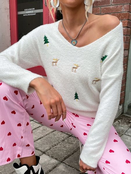 embroidery v-neck fuzzy sweater p13o#, White;black
