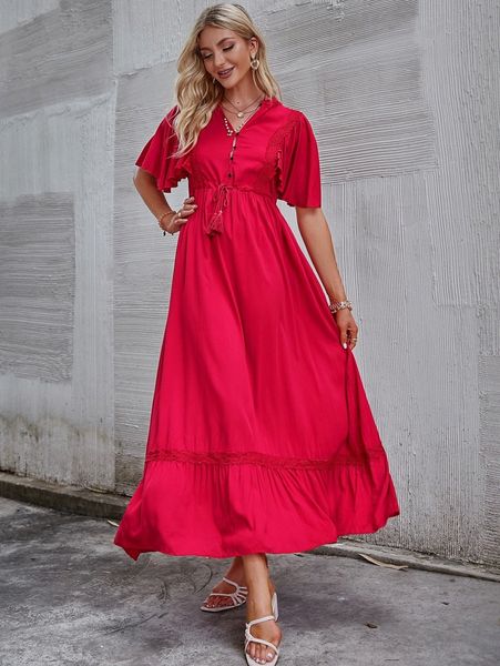 simplee flutter sleeve tassel drawstring waist guipure lace panel dress 10df#, Black;gray
simplee flutter sleeve tassel drawstring waist guipure lace panel dress 10df#, Black;gray