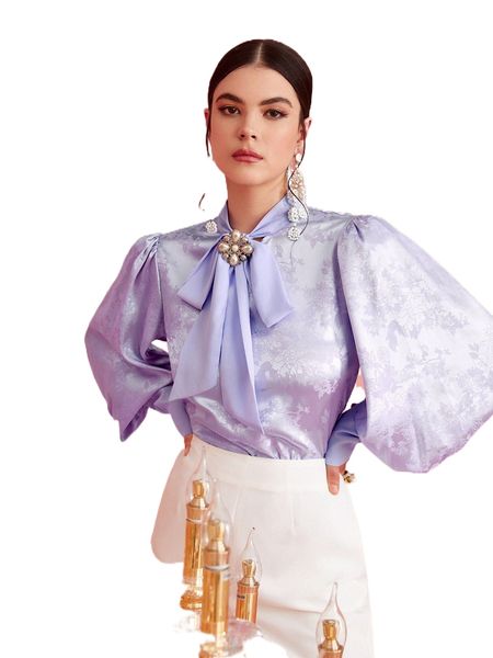 tie neck lantern sleeve floral print i3uw#, White
tie neck lantern sleeve floral print i3uw#, White